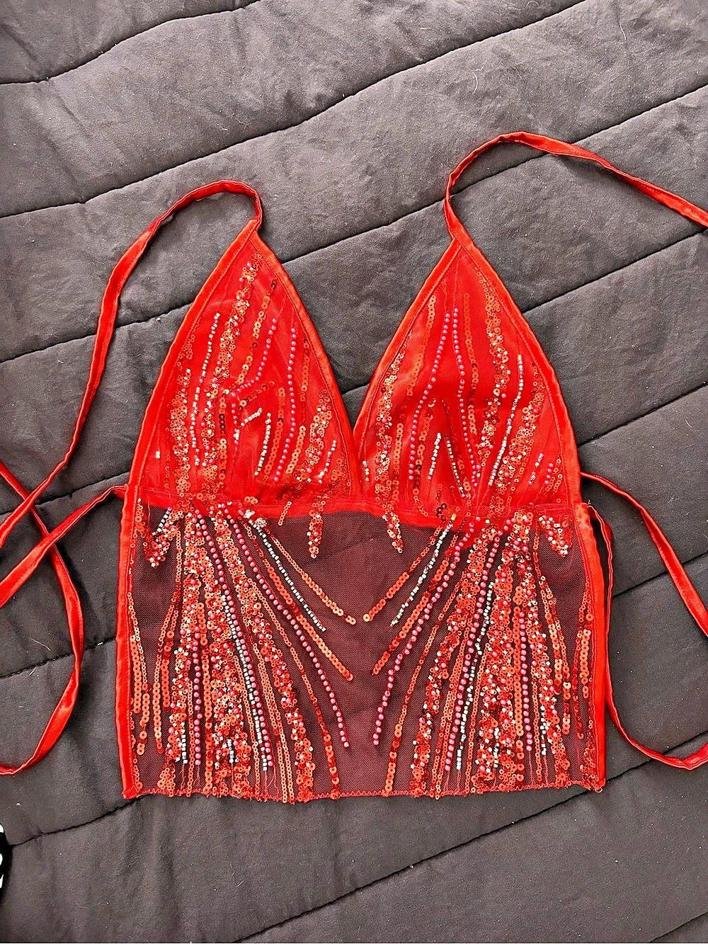 Red Beaded Tie-Back Top